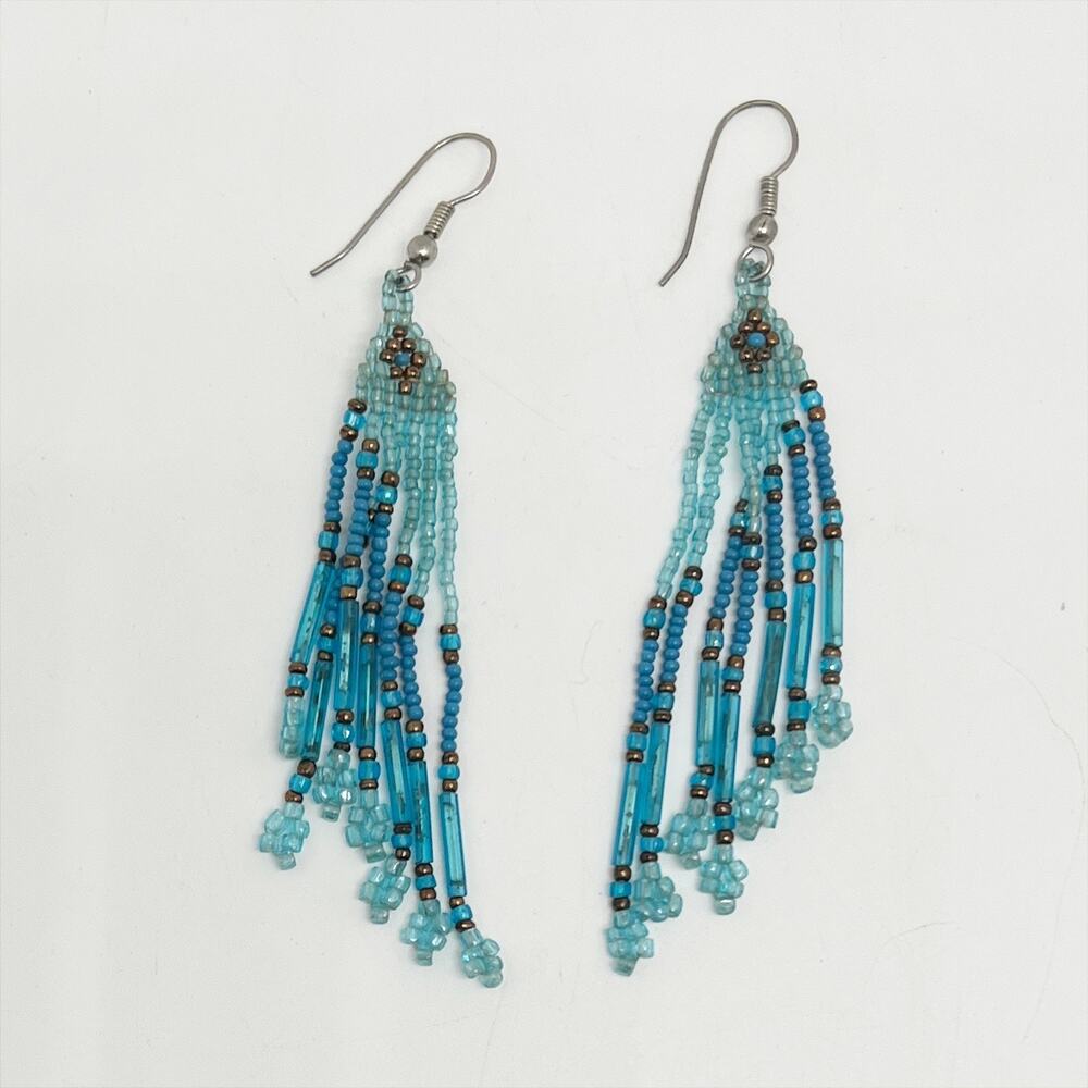 🔥 Vintage Blue Beaded Multi Strand Dangle Earrings Pierced